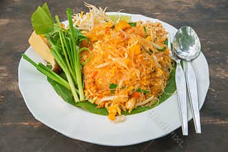 Pad thai noodles in white plate - thai food