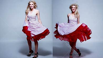 Blond Woman in Side View in Red Pink Dress