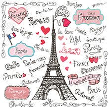 Set of Paris symbols,lettering.Hand drawn doodle