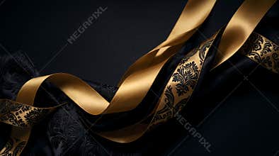 The luxurious gold ribbon flows gracefully across the elegant black fabric with intricate floral patterns