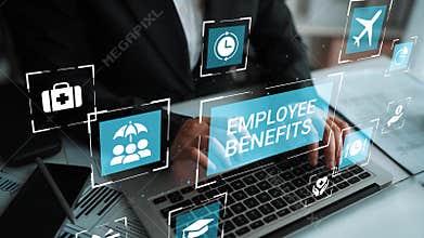 Business Professional Working on Laptop with Employee Benefits Icons and Illustrations Depicting Health, Travel