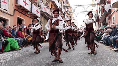 Members of Ana Botella Ballet performing a slow motion choreography during the Moors and Christians festival in Alcoy