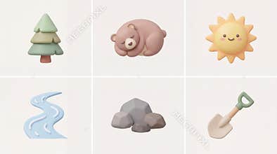 Cute nature camping icon set with tree bear sun river rocks and shovel for outdoor sticker design and children activity