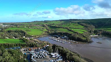 River Dart, South Devon, England: DRONE VIEWS: Dartside marina and dry dock