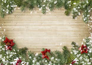 Christmas border with poinsettia onold wood background