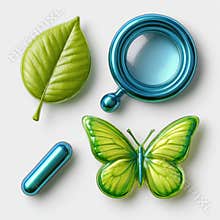 Collection of Glossy 3D Biology Icons Including a Magnifying Glass, Butterfly, and Leaf on a White Background