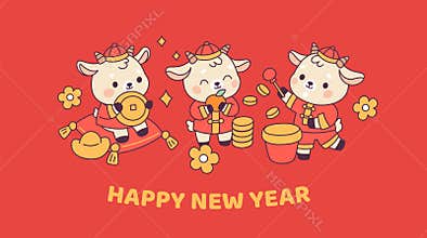Kawaii chinese goats card. Funny little horned animals, horoscope symbol, new year 2027 background, red traditional clothes
