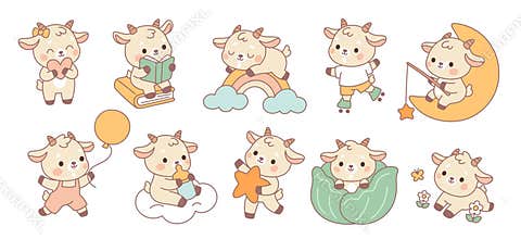 Kawaii goat character. Cute little animal with horns, chinese horoscope symbol in 2027, funny mascot, different actions and poses
