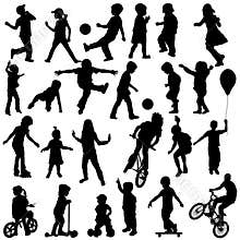 Group of active children, hand drawn sillhouettes of kids playing