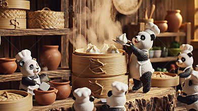 Whimsical mice in a rustic wooden kitchen lovingly prepare dumplings around a large bamboo steamer