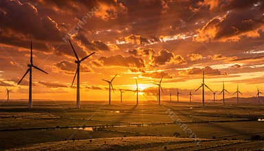 Epic Wind Farm Panorama at Dramatic Fiery Sunset Over Open Plains â€\' AI Generated Photo
