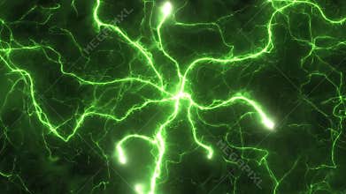 Bright green electrical discharges crackle across a dark and moody background