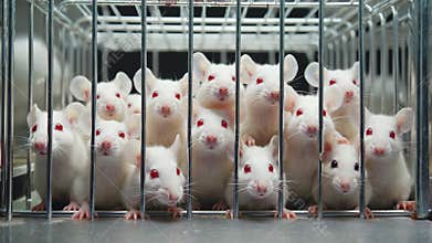 Group of white laboratory mice with red eyes looking out from a metal wire cage for scientific research, lab concept