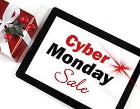 Cyber Monday Sale shopping message on black computer tablet device with gift