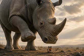 A large rhinoceros lowers its head toward a small butterfly on the ground.