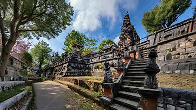 Ancient Temple Entrance Framed by Mature Trees