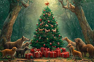 Magic of Christmas in a forest surrounded by joyful animals and gifts