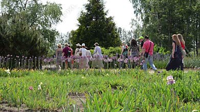 Group of tourists people walk in botanical garden