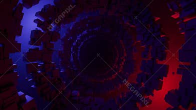 Infinite 3D tunnel made of floating circles of blocks illuminated with dramatic red and blue lights