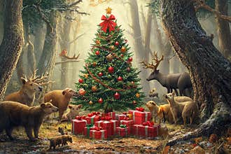 Magic of Christmas in a forest surrounded by joyful animals and gifts