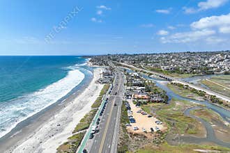 Aerial view of Cardiff by the Sea, beach community in the incorporated city of Encinitas in San Diego County, California