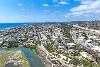 Aerial view of Cardiff by the Sea, beach community in the incorporated city of Encinitas in San Diego County, California