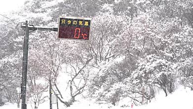 Close up: Heavy Snowfall on Winter Road in Yamagata Japan, 0°C