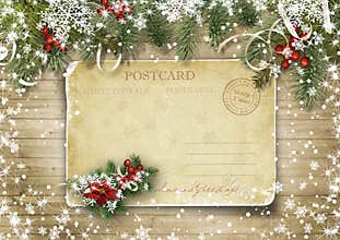 Christmas vintage card on the wood texture with holly&firtree