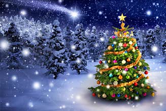 Christmas tree in snowy night