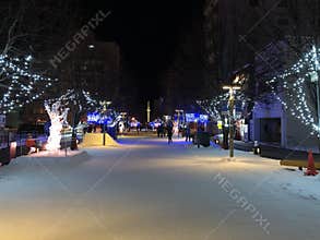 Snow-covered street in Asahikawa, Japan
