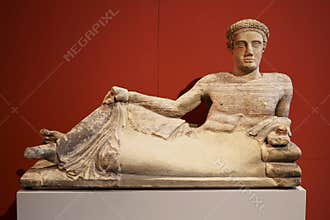 Etruscan Cinerary Urn of Reclining Youth, 460-440 BC, Chiusi terracotta, Antikensammlung, Altes Museum, Berlin, Germany