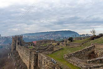VELIKO TARNOVO, BULGARIA - MARCH 15, 2022: Restored medieval defensive stone walls of Tsarevets Fortress