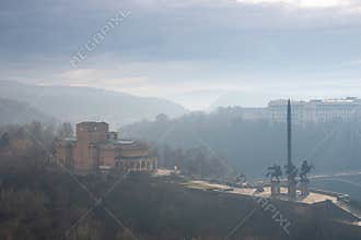 VELIKO TARNOVO, BULGARIA - MARCH 15, 2022: Misty landscape of Yantra River and historical city view