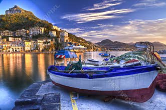 Cetara fishing village Amalfi coast watery reflections at sunr