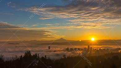 Thick Rolling Dense Fog Over City of Portland Oregon with Snow Covered Mount Hood One Early Morning at Sunrise Time Lapse 1080p