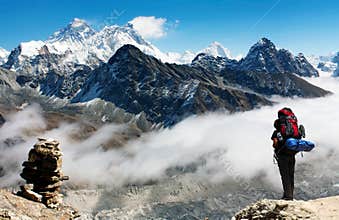 View of Everest from Gokyo Ri with tourist