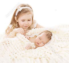 Baby Girl and Newborn Boy, Sister Little Child and Sleeping Brother New Born Kid, Birthday in Family
