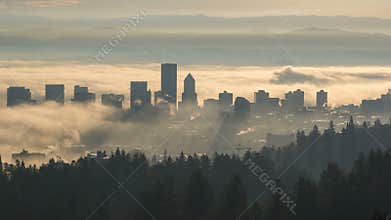 Time Lapse Movie of Rolling Dense Thick Fog Over Downtown Cityscape in Portland Oregon One Early Winter Morning at Sunrise 1080p