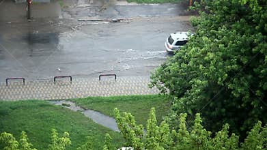 Rain flooded road in city