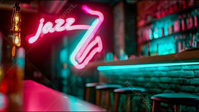 Bright neon jazz bar sign glows inside an empty nightlife venue with stools and bottles, creating a vibrant music club