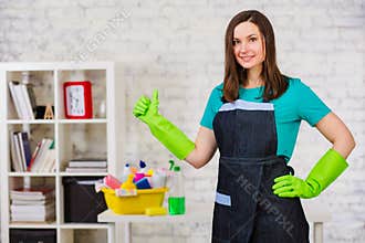 young and happy cleaning service female employee