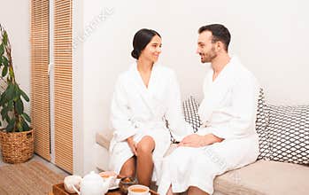 Man and woman, couple, spending a weekend at a spa and enjoying wellness realx. Resort and spa salon