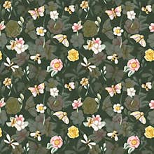 Cute Butterfly Bee Dragonfly Colourful Flowers Seamless Pattern. Watercolor summer floral illustration isolated on green