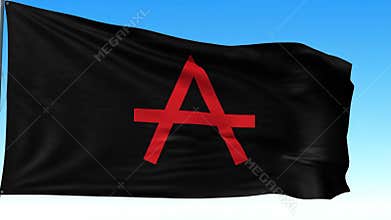 Waving black flag with bold red anarchy symbol against a clear blue sky representing rebellion and freedom