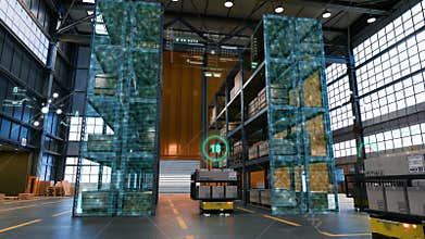 The concept of a smart multi-level warehouse. Artificial intelligence manages a large wholesale warehouse. Futuristic warehouse