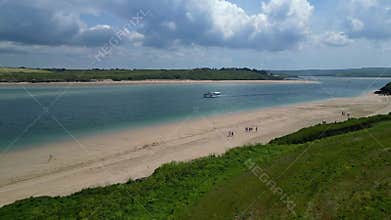 River Camel, Cornwall, England: DRONE VIEWS: The Camel Trail, The River Camel and tourist boat sailing upstream