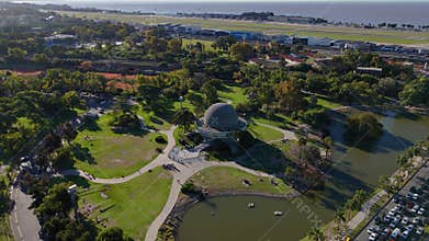 Aerial orbiting shot of Galileo Galilei Planetarium in Buenos Aires