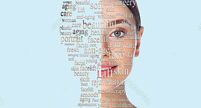 Beauty woman face with word on face showing cosmetology and aesthetic medicine concept. Advertising lifting face skin