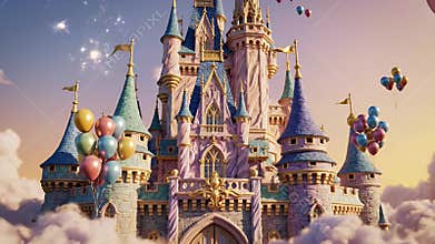 Dreamy pastel-colored Disney castle towering above clouds with colorful balloons