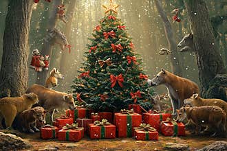 Magic of Christmas in a forest surrounded by joyful animals and gifts